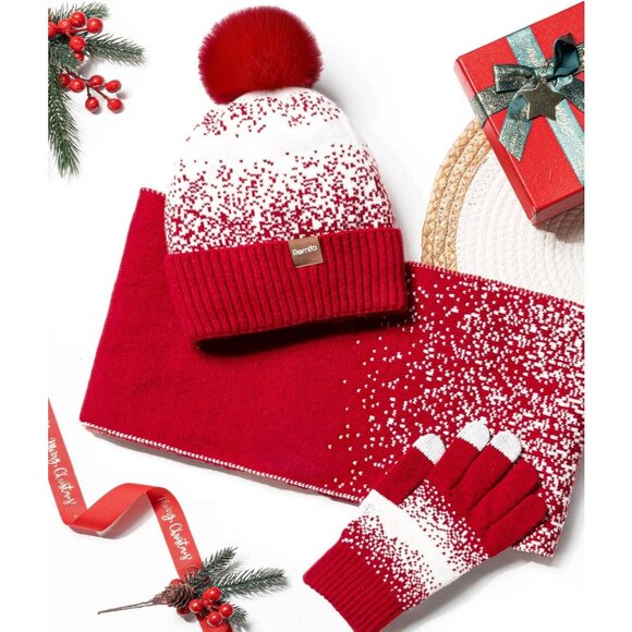 Women's Black White Winter Beanie Hat Scarf Gloves Set Pom Warm Christmas Gift - Picture 7 of 7